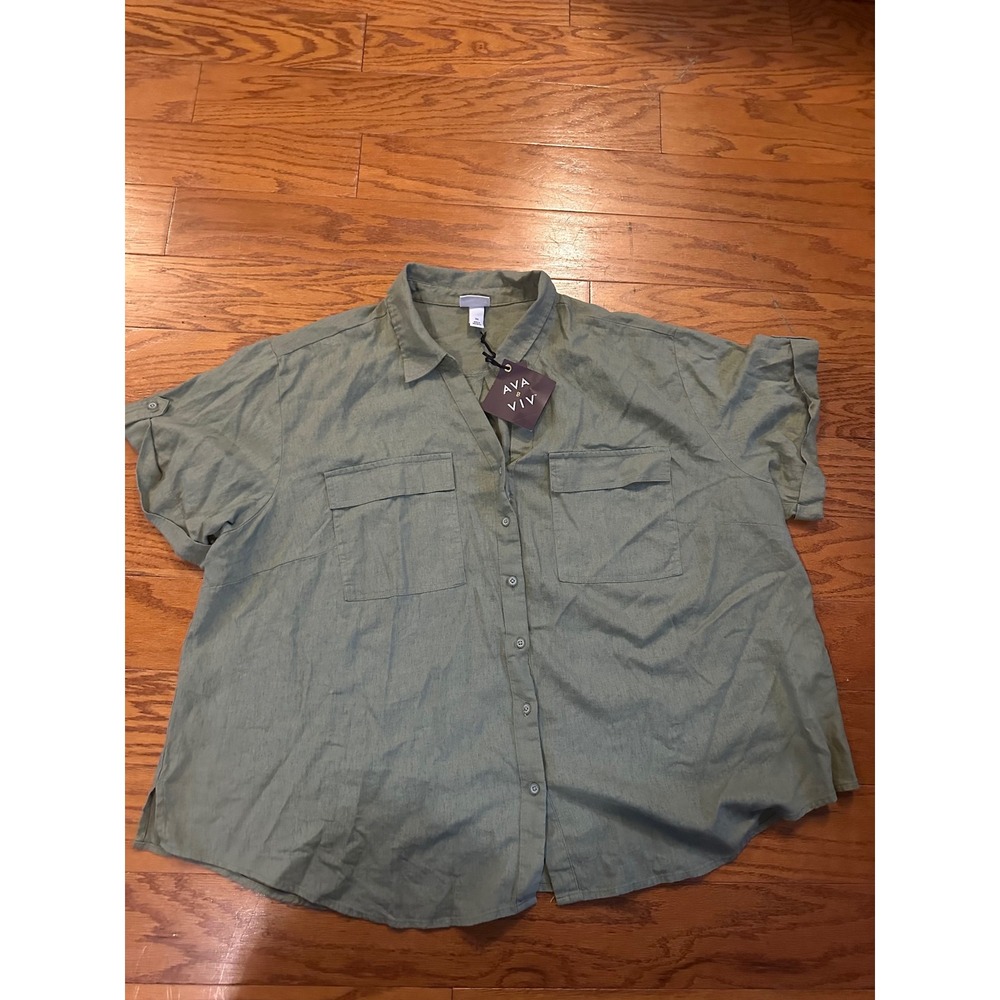 Ava & Viv Womens 3X Sage Green Linen Blend Short Sleeve Button Down Shirt NWT